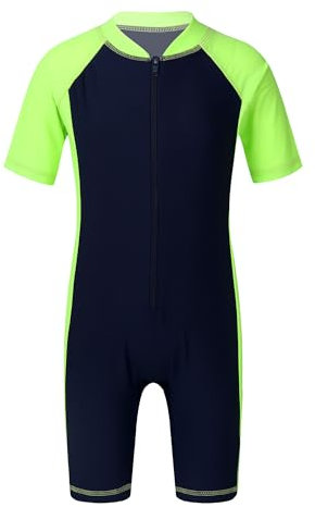 Fldy Kinder Jungen Mädchen Badeanzug Einteiliger Mit Bein Surfen Tauchen Bademode Kurzarm Schwimmoverall UV-Schutz Wassersport Outfit Marineblau&Neon 158-164