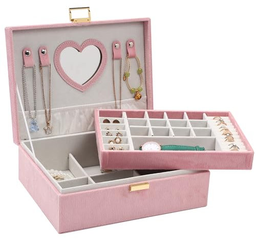 Dajasan Schmuckkästchen Mädchen, Schmuckaufbewahrung Damen, 2 Etagen Samt Schmuckschatulle für kleine Mädchen Kinder, Schmuck Geschenk Box für Weihnachten, Geburtstag, Neujahr (Rosa)
