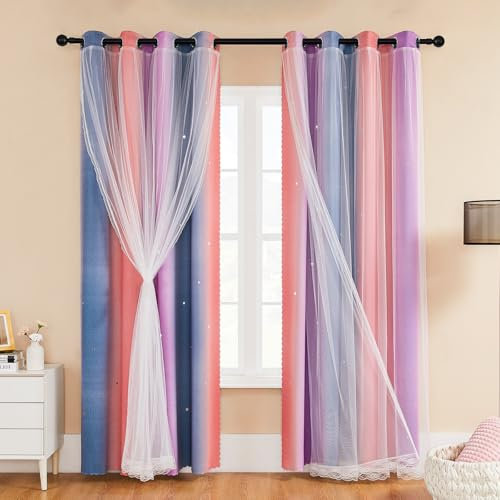 XiDi Blackout Curtains - Stars Cut Out Curtains for Bedroom Nursery Girls Kids Living Room Rainbow Drapery with Eyelet for Windows, 2 Panels W34xL63 Inch Grey Pink Purple Draperies
