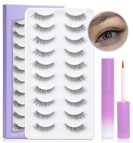 LZM Faux Cils Naturels avec Colle Bande Transparente - 10 Paires 3D Réutilisables Kit Moelleux Faits à la Main - Fluffy False Eyelashes (YY01)