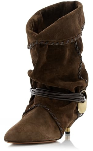 Fuazuzu Slouchy Boots for Women 2026 Ruched Mid Calf Kitten Heel Boots with Pointed Toe Pull On Boots, Brown 9