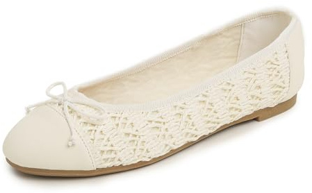 Feversole Women's Fashion Bow Tie Fashion Dress Ballet Flat, rund tå Ballerina för kvinnor, Grädde Raffia-spets, 37 EU