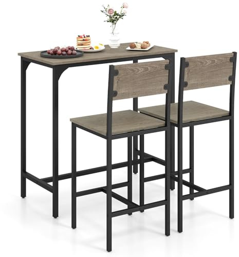 TANGZON Bar Table Set with 2 Chairs, 3PCS Breakfast Bar Set with Metal Legs & Footrests, Industrial Counter Dining Table and Chairs for Home Kitchen Pub Cafe Restaurant (Gray + Black)