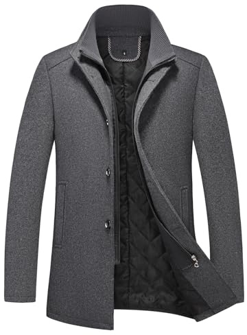 KUDORO Mens Wool Blend Coat Winter Thick Overcoat Warm Peacoat with Detachable Scarf Collar