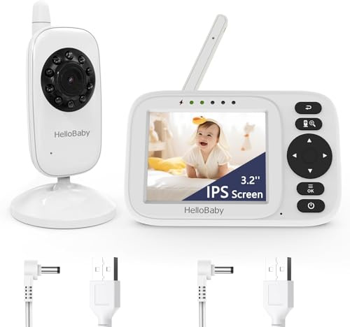 HelloBaby Babyphone mit Kamera, Video Babyphone ohne WLAN, 3,2 Zoll IPS Bildschirm,Nachtsicht, Winkel Manuell Einstellen, Reichweite 305m, ECO/VOX Audiomodus, Fütterungserinnerung,USB Ladegerät,HB2438
