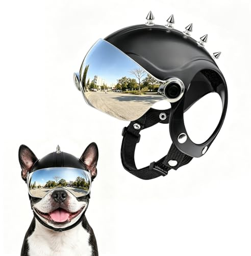 PETLESO Casco per cani con occhiali da sole UV per cani di piccola taglia, cuccioli (con borchie), lenti argentate