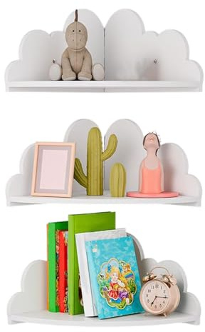 Ratpzou Juego de 3 estantes de pared con forma de nube, estante para colgar en la esquina, organizador de almacenamiento de fondo montado en la pared de madera para libros, juguetes, decoración de