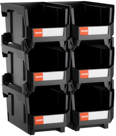 VEVOR Plastic Stackable Storage Bins, 14.8 x 8.5 x 7.1 inch (6 Pack), Plastic Containers for Organizing and Storage Bins for Closet, Garage, Small Parts, Office Supplies and Other Accessories, Black
