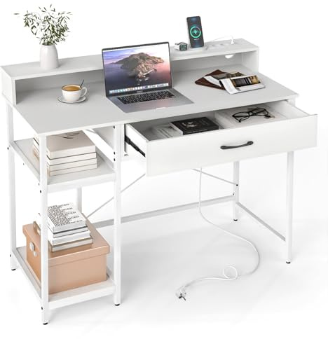 LIFEZEAL Scrivania per computer con prese, tavolo da casa con armadio superiore cassetto e 2 ripiani, tavolo da gioco con struttura aperta in metallo resistente (bianco)