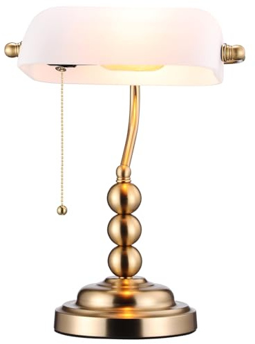 TORCHSTAR Ivory White Glass Bankers Desk Lamp, Antique Desk Lamps with Retro Weighted Base, Traditional Library Lamp with Pull Chain, E26 Base, Vintage Desk Lamp for Office, Study Room