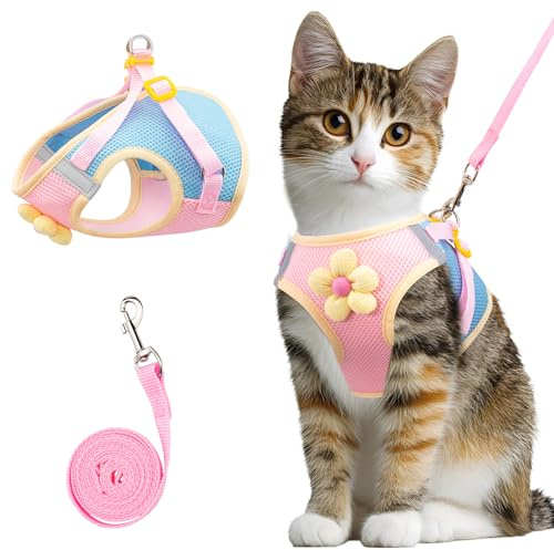 Cat Harness and Leash Set Escape Proof, Adjustable Cat Vest Harnesses Soft Kitten Harness Reflective Strips Jacket with Flower, Breathable Mesh Harnesses for Cats Puppy Easy to Wear Outdoor Walking