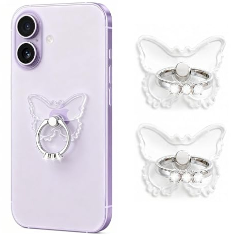 2 Piezas Anillo Móvil Transparente Mariposa con Brillantes, Soporte para Celular con Anilla Giratoria 360°, Soporte Anillo Transparente teléfono móvil, Agarre Antideslizante para Smartphone y Tablet