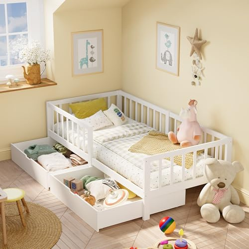 Xbro Letto per bambini 100×200 cm con cassetto, sponda anticaduta e rete a doghe, adatto anche per adolescenti, facile da montare, colore bianco