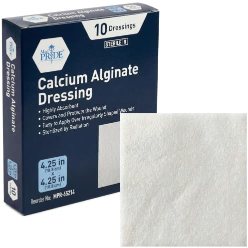 MED PRIDE Antimicrobial Calcium Alginate Wound Dressing Pads, Non-Stick, Highly Absorbent, Sterile, Pain- Removal, 10-Pack (4'' x 4'')