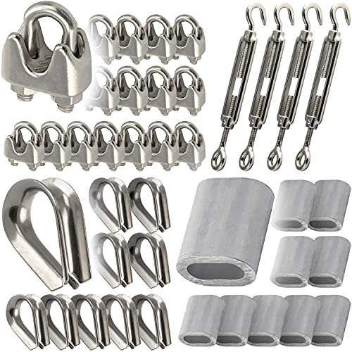 OPIOL QUALITY® 16x Drahtseilklemme 12mm ähnl. DIN 741, 10x Kausche 12mm ähnl. DIN 6899, 10x Pressklemme Aluminium 12mm, 4x Spannschloss Auge/Haken M12 Seil Seilklemmen Seil Kasuchen Klemme Rankhilfe