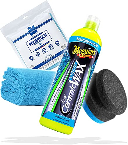 detailmate Meguiars - Kit de cuidado para el coche, cera líquida híbrida de cerámica de 473 ml, gamuza de microfibra azul 550 GSM + esponja de aplicación de cera, sellado para el cuidado del vehículo