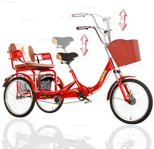 VHCLYBJU Dreirad für Erwachsene faltbar mit Kindersitz 3-Rad-Fahrrad für Damen Dreirad mit Korb mit Rücksitz 20 Zoll Fahrräder maximale Belastung von 440 lbs stoßdämpfende Gabel (RED8, 20IN)