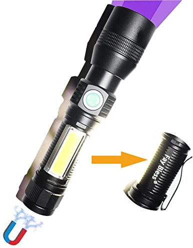 Torcia a luce nera ricaricabile, 3 in 1, LED UV, 1200 lumen, 7 modalità di illuminazione, zoomabile, impermeabile, tascabile, per rilevamento macchie di urina di animali domestici, campeggio, colore