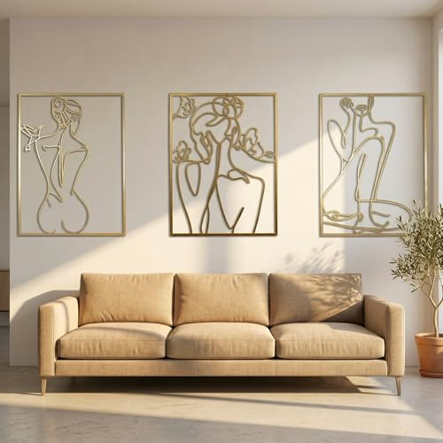 3J Group XL Gold Metal Wall Art - 18 x 24 Inches, 3 Piece - 2X Larger Than Standard - Female Line Art, Extra Thick With Screws Included, Living Room Bedroom Bathroom Decor