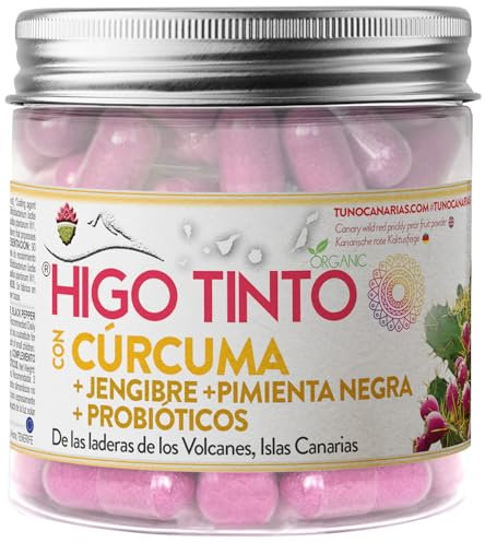Cúrcuma Bio + Jengibre + Probióticos + Pimienta Negra, Curcumina + Piperina – 90 cápsulas – Bienestar digestivo y articular – Fórmula TOP – Certificación ecológica – Con HIGO TINTO de Tuno Canarias
