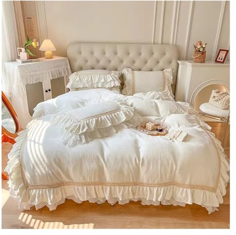 Winter Warme Samt Fleece Bettwäsche Set Luxus Prinzessin Hochzeit Super Weiche Spitze Rüschen Bettbezug Bett Rock Bettdecke Kissenbezüge,Bettwäsche Warm