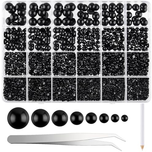 NACHLYNN 12000 piezas de cuentas de media perla, 8 tamaños, cuentas de perla plana negra, perlas semicirculares para manualidades, adorno, zapatos, fundas de teléfono