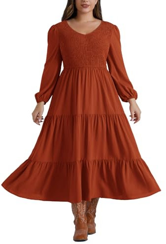 Hanna Nikole Abito casual da donna, taglie forti, con elastico in vita, scollo a V, con punto smock e tasche, Rosso, 24 Più