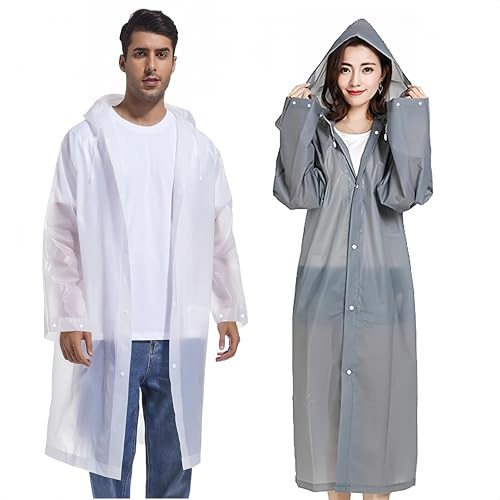 Waterproof Rain Poncho, 2 Pcs EVA Lightweight Reusable Rain Coat Jacket | with Hood and Drawstring, Emergency Portable Poncho for Women Men Family Outdoor Hiking, Cycling, Camping