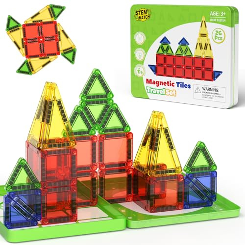 Mattonelle Magnetiche da Viaggio per Bambini, Portatili da Viaggio Mini Piastrelle Giocattoli Magnetici Scatola da Costruzione, Giocattolo Regalo per Bambini di 3+ (26pcs Magnetiche Mattonelle)