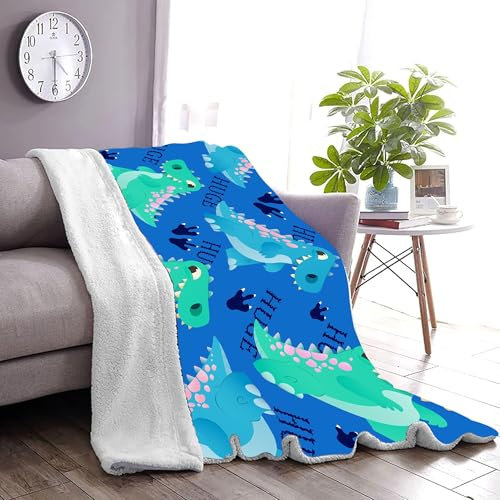 LHOMKCV Dinosaur Fleece Blanket for Boys, 137x190cm, Cartoon Green Dinosaur Soft Gaming Throws Warm Cozy Fluffy Flannel Throw Blanket for Couch Bed Chair School Lounge Apartment