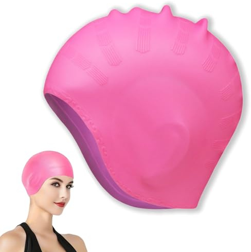 Pink Silicone Swim Caps with Ear Protection,Swim Caps with 3D Ear Protection Silicone,Waterproof Swimming Hat Fits Long & Short Hair,Lightweight Si/licone Anti-Slip Swimming Cap,for Women & Men