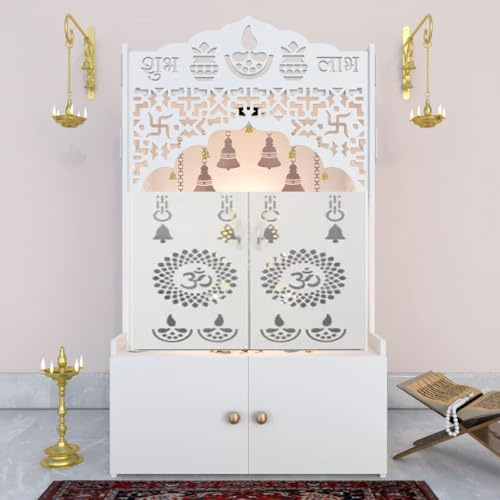 HAZDEAL Wooden Home Temple with Door, Shelf & Built-in LED Light | MDF Pooja Mandir with Drawer for Home, Office, Studio | DIY Floor Standing Mandir (18D x 22.5W x 38H Inch) (Divine, White)