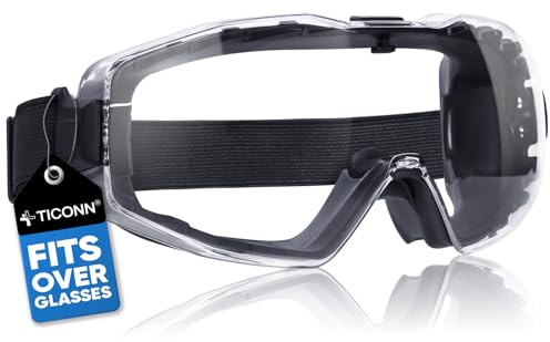 TICONN Anti-Fog Safety Goggles, Adjustable Safety Goggles Over Glasses, ANSI Z87.1 UV385 Eye Protection Glasses for Adults