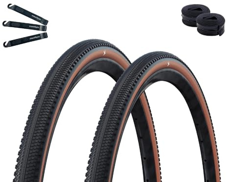 2 x Schwalbe G-One Comp cykeldäck Active K-Guard Green Compound E-25 svart/brons 40–622 (28 x 1,50) + 2 x Schwalbe slangar SV17 långventil 60 mm inkl. maxxi4you däcklyftare