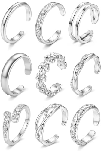 Minnario 9 Pcs Bagues d'Orteil Femme Bague de Pied Plaqué Or 14K | Anneaux d'Orteil Ouvertes Réglable,Bijoux de Pied Non Ternissant pour Été Plage