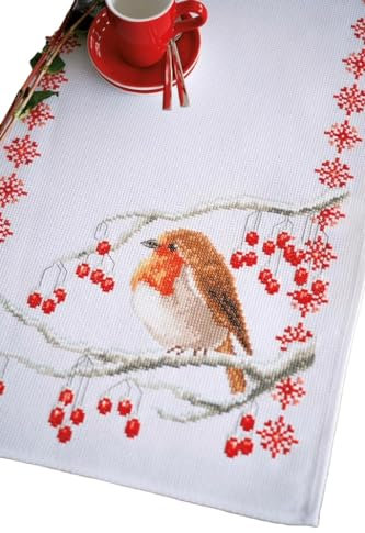 VERVACO Stickpackung Tischläufer Zählmusterpackung Kreuzstich Rotkehlchen Stickläufer zum Selbersticken Stickset Weihnachten Kreativ Set für Erwachsene 32 x 84 cm Kreatives Geschenk