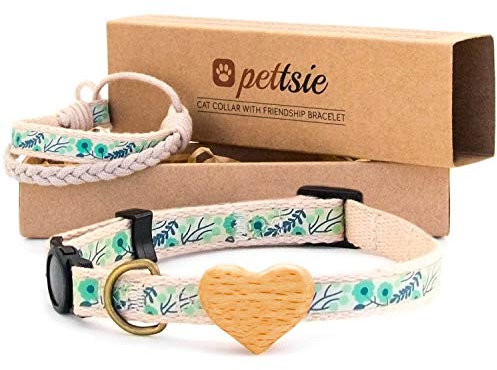 Pettsie Katzenhalsband mit Sicherheitsverschluss und Herz aus hochwertigem Buchenholz, Freundschaftsarmband für Sie, Starke Baumwolle, D-Ring für Zubehör, einstellbare Größe 20,3-28 cm, Grün
