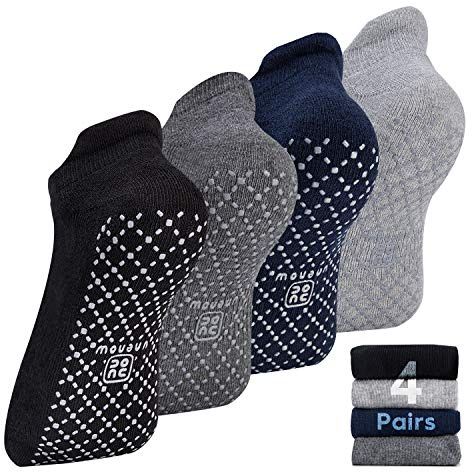 unenow Calzini unisex antiscivolo con cuscino per yoga, pilates, barre, casa e ospedale, 4 paia-nero/grigio scuro/blu/grigio chiaro, M