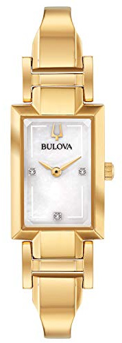 Bulova Ladies' Classic Diamond Dial Quartz Stainless Steel Watch, Rectangle, Mother-of-Pearl, Gold Tone, Classic Quartz Gold-Tone Stainless Steel Bangle Diamond