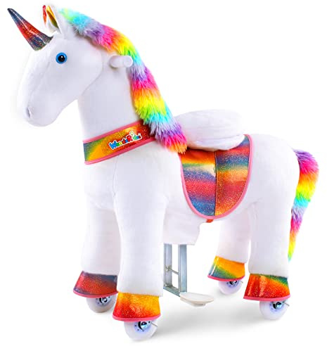 WondeRides Ride on Unicorn Horse Rainbow Pony Cycle Toy, 30.1 Inch Height Riding Pony Unicorn Toy Plush Rocking Mechanical Walking Animal with Wheels No Battery Size 3 for Kids 3-4 Years M332