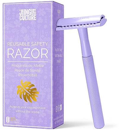 Jungle Culture Rasoio di Sicurezza per Donne - Rasoio Riutilizzabile in Metallo - Inc 10 Lamette da Barba - Donna Rasoio Manuale - Safety Razor Tradizionale Corpo Viso - Lilla, 1.0 unità