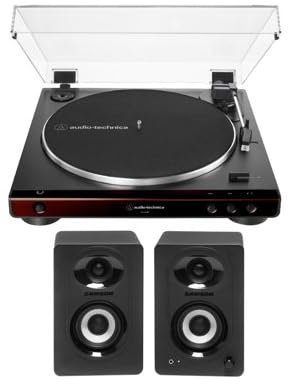 Audio-Technica AT-LP60X Fully Automatic Belt-Drive Stereo Turntable (Brown) Bundle with Bluetooth Studio Monitors - Pair (2 Items)
