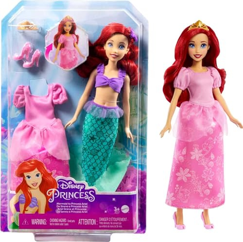 Disney Mattel Prinzessinnen-Spielzeug, Arielle, 2-in-1-Puppe, die von der Meerjungfrau zur Prinzessin Wird, mit 2 Moden und Accessoires, inspiriert von den Filmen