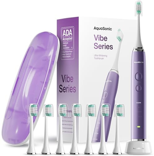 Aquasonic Vibe Series Ultra-Whitening Toothbrush – ADA Accepted Electric Toothbrush - 8 Brush Heads & Travel Case – 40,000 VPM Motor & Wireless Charging - 4 Modes w Smart Timer – Satin Violet