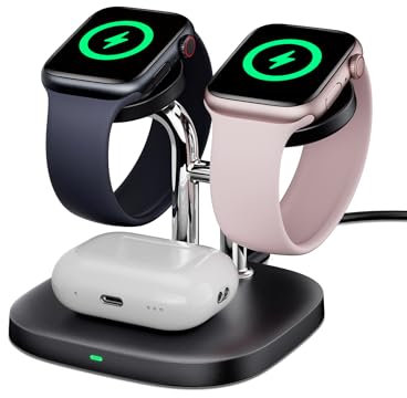 SwanScout Dual Watch Charger for Apple Watch Ultra 2/9/8/7/6/5, Wireless Charging Station for AirPods 3rd/2nd, SwanScout 704A (No Adapter) (Black)