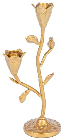 Creative Co-Op Hand-Forged Cast Iron Candelabra with Flowers and Bird, Gold