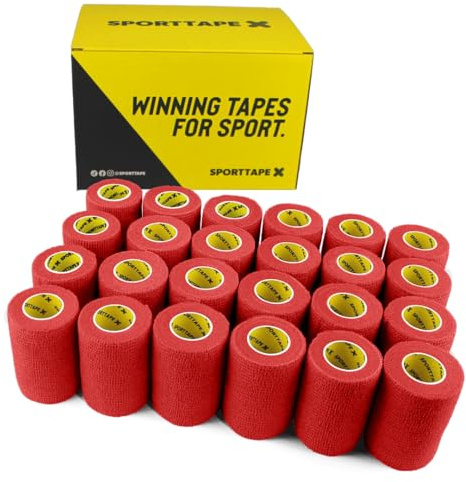 SPORTTAPE Self-Adhesive Cohesive Bandage, 24 Rolls - 7.5cm x 4.5m, Red | Compression & Vet Wrap for Dogs, Horses, Sports Stretch Tape for Football, Ankles, Joints, Fingers, Wrists & Sock Tape