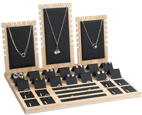 Espositore per Gioielli in Bambù, Supporto per Vetrina Collane, Portagioie con Vassoio, Porta Orecchini Organizer in Velluto, Portaoggetti Anelli Vetrina per Bracciali Bancone del Negozio (Nero)