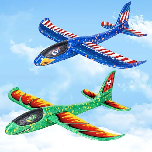 Airplane Toy, 2 Pack 37cm Foam Plane Boys Toys for 3 4 5 6 7 8 Years Old | Foam Gliders Planes with 2 Flight Modes, Outdoor Aeroplane Toys Party Favors Birthday Present Gift for Kids