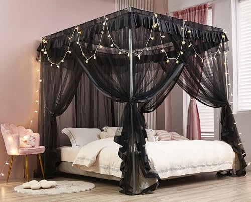 ZIQINPSQ Canopy Bed Curtains - Princess Bed Canopy for Girls - Bed Drapes Netting Mosquito Net for Bed- Bedroom Decoration Accessories (Black, Double-1 X Bed Canopy)